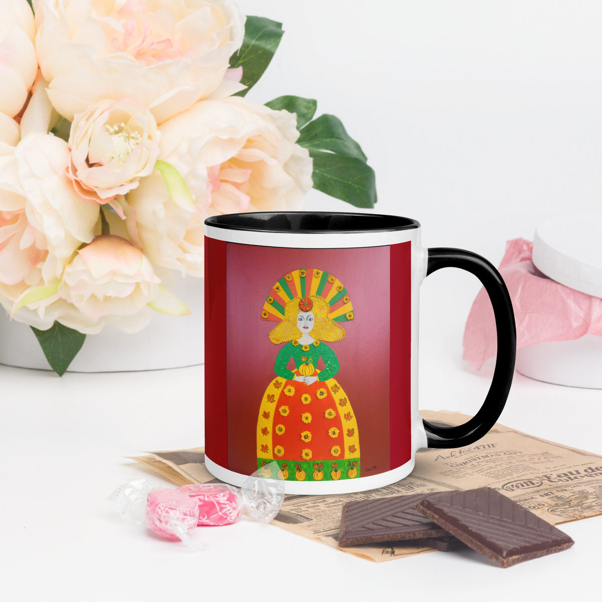 Autumn Pumpkin Princess ceramic mug by Dexi M. with black handle and interior, showing colorful princess artwork.