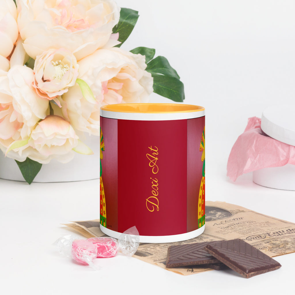 Autumn Pumpkin Princess ceramic mug with golden yellow interior and gold Dexi Art lettering on a red panel.
