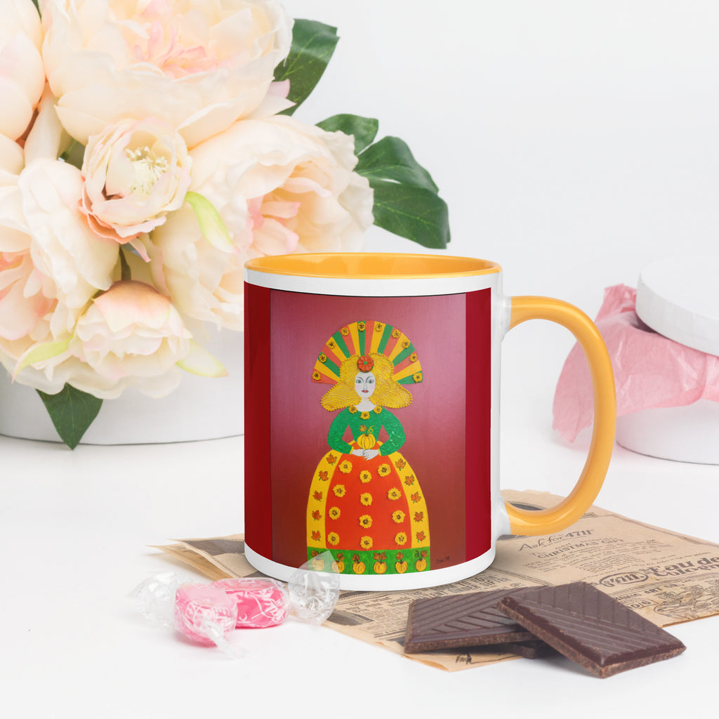 Autumn Pumpkin Princess ceramic mug by Dexi M. with golden yellow handle and interior, showing colorful princess artwork.